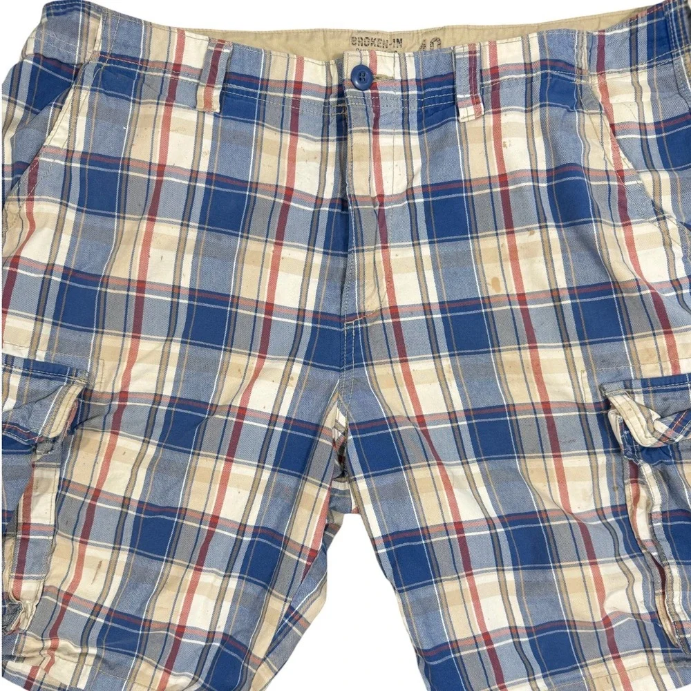 Old Navy Broken-In Cargo Shorts Mens‎ 40 Blue Plaid Cotton Utility Casual